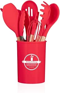 Kit De Utensílios Silicone 12 C/ Cabo De Bambu + Escorredor