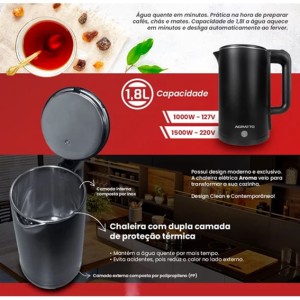Chaleira Elétrica Térmica Inox 1,8l Preto 220v Aroma Agratto -